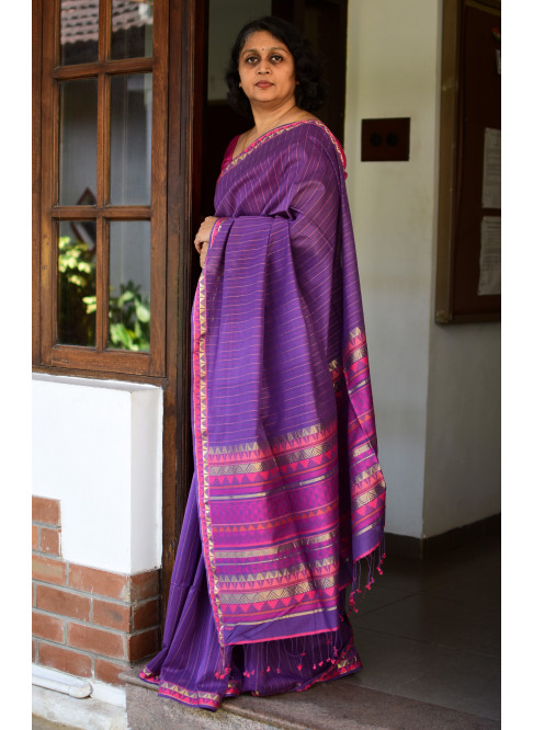 Purple, Handwoven Organic Cotton, Plain Weave , Jacquard, Work Wear , Striped Saree